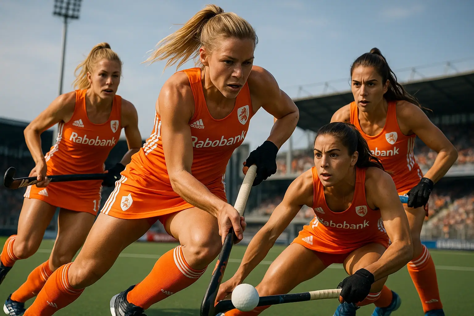 Nederlandse dames hockey team Oranje Leeuwinnen in actie op het veld