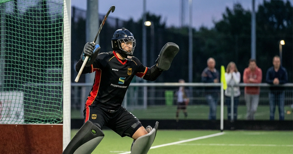 Hockeykeeper in positie tijdens shoot-out