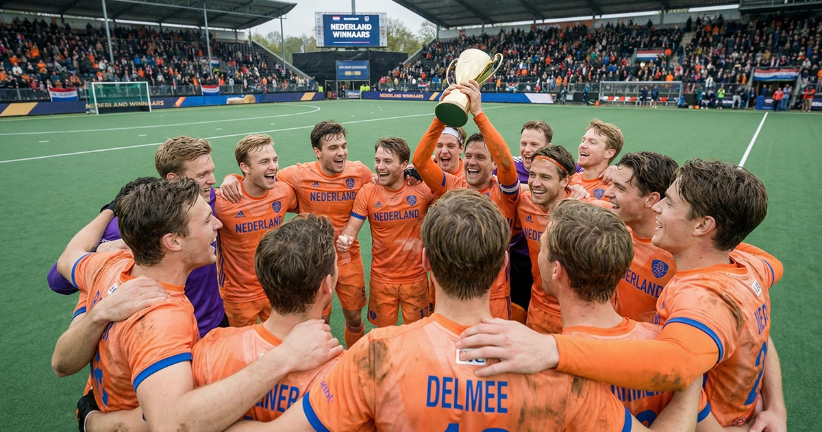 Nederlandse hockeyspelers vieren overwinning