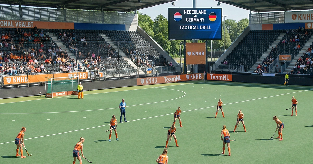 Nederlands hockeyteam in tactische formatie op het veld