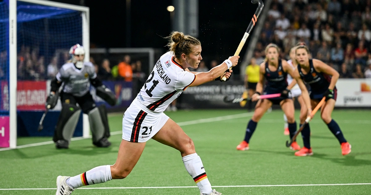 Duitse hockeyaanvaller in scoringspositie