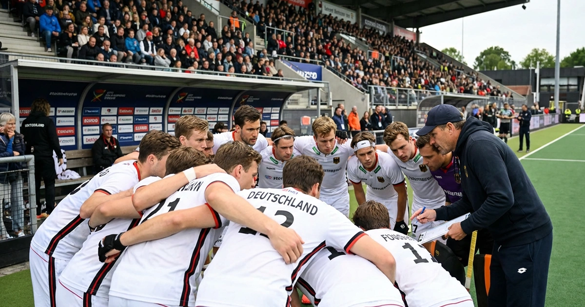 Duits hockeyteam in teambespreking