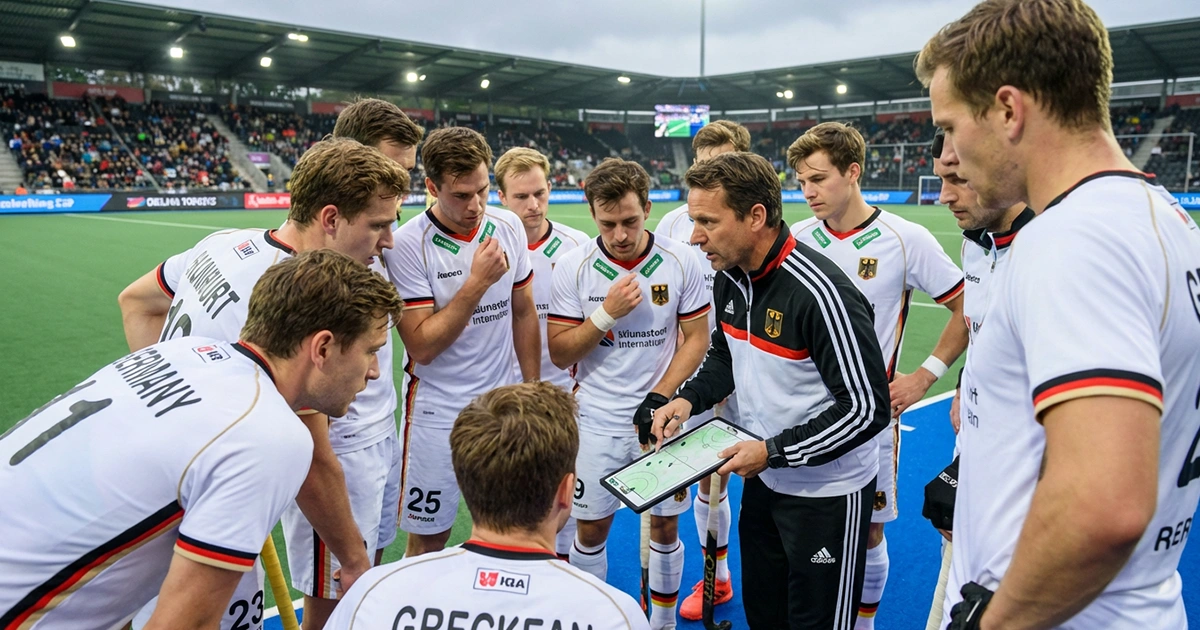 Duits hockeyteam in teambespreking