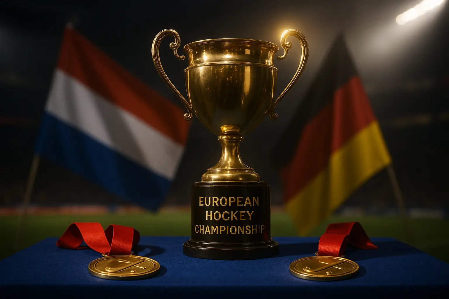 Europees Kampioenschap Hockey trofee met gouden beker en Europese vlaggen op de achtergrond
