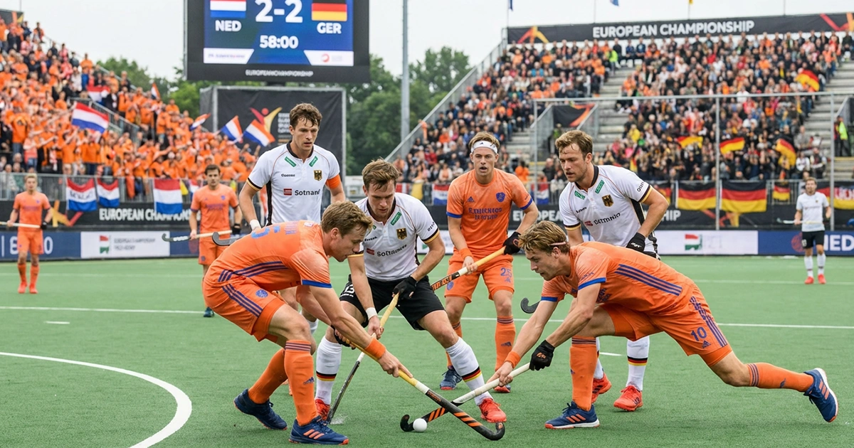 Nederlandse en Duitse hockeyteams in EK-confrontatie