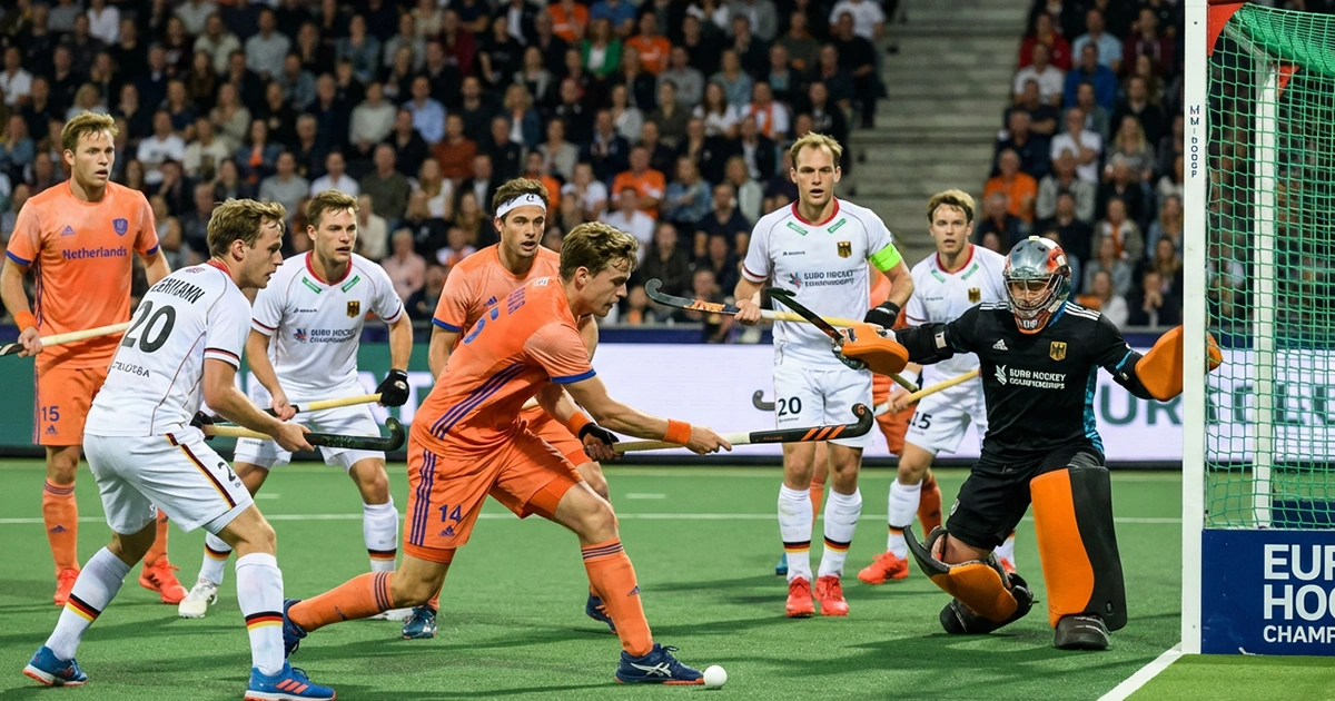 Tactische hockeyactie tijdens EK-wedstrijd