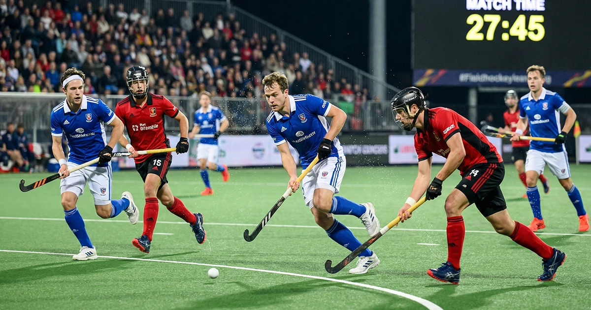 Intensieve veldhockeyactie tijdens wedstrijd