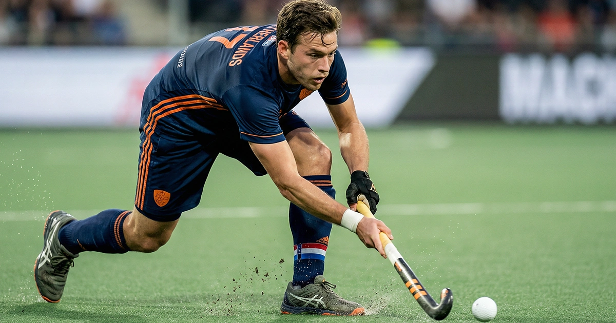 Veldhockeyer met stick tijdens belangrijke wedstrijd