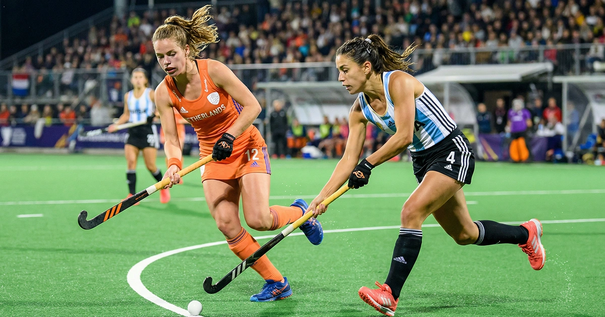 Professioneel veldhockeyteam tijdens internationale wedstrijd