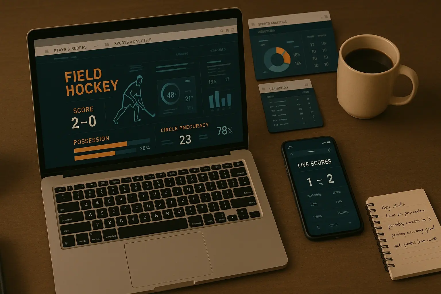 Hockey onderzoek werkplek met laptop statistieken dashboard en notities voor wedden analyse
