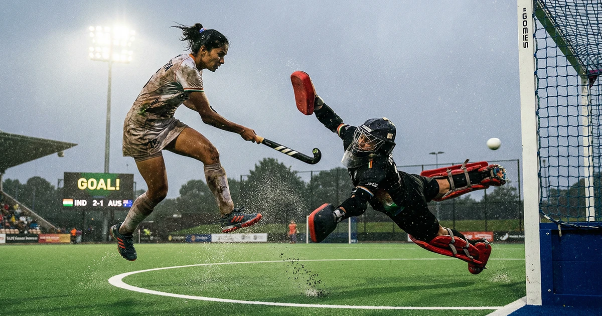 Veldhockeydoelpunt met keeper en aanvaller