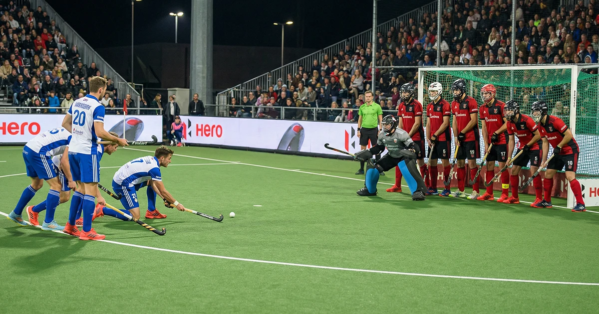 Strafcorner situatie tijdens veldhockeywedstrijd met spelers in positie