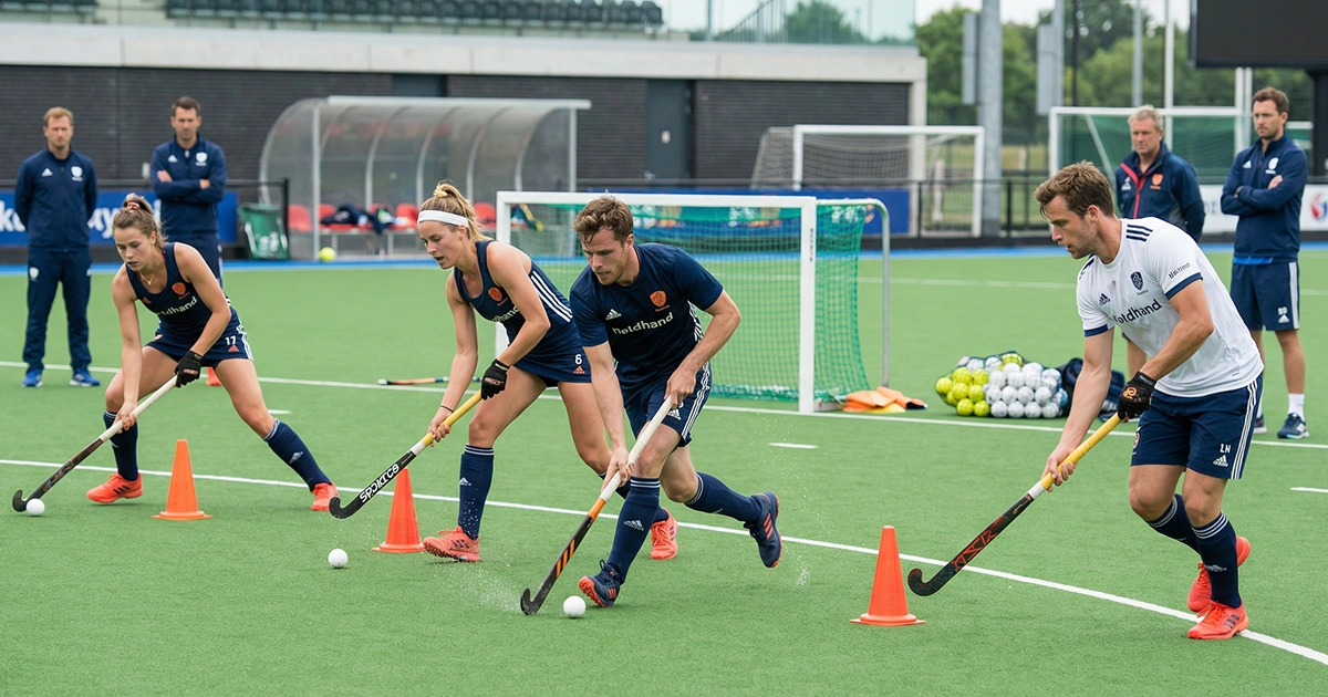 Professionele veldhockeyspelers tijdens training