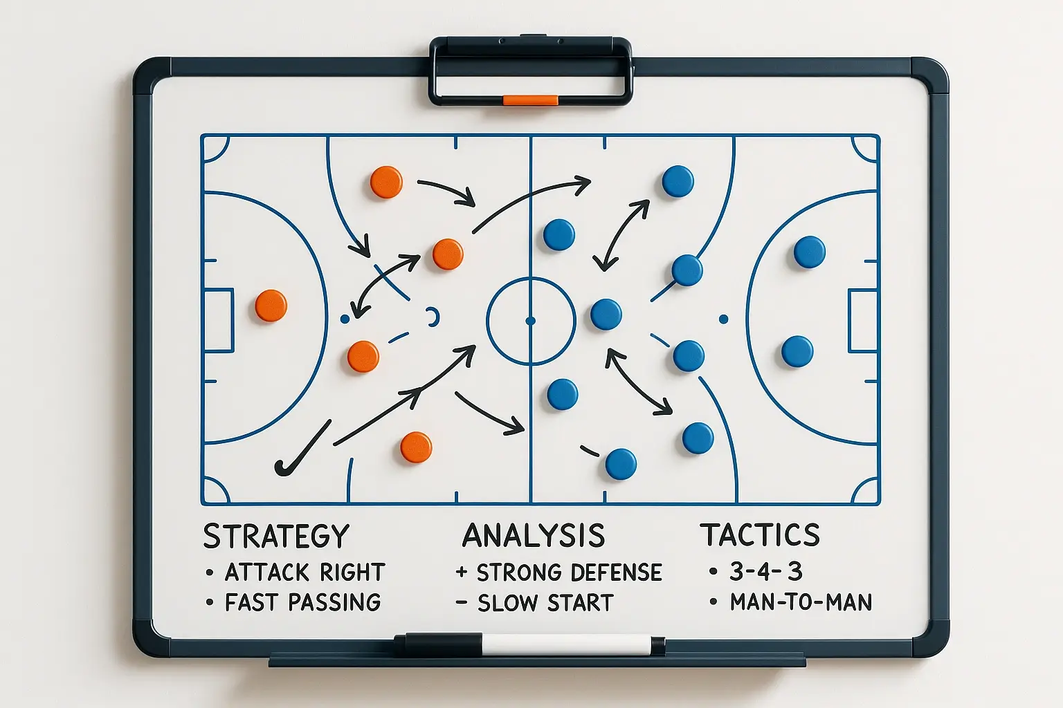 Tactisch klembord met hockeyveld diagram en strategische analyse voor wedvoorspellingen