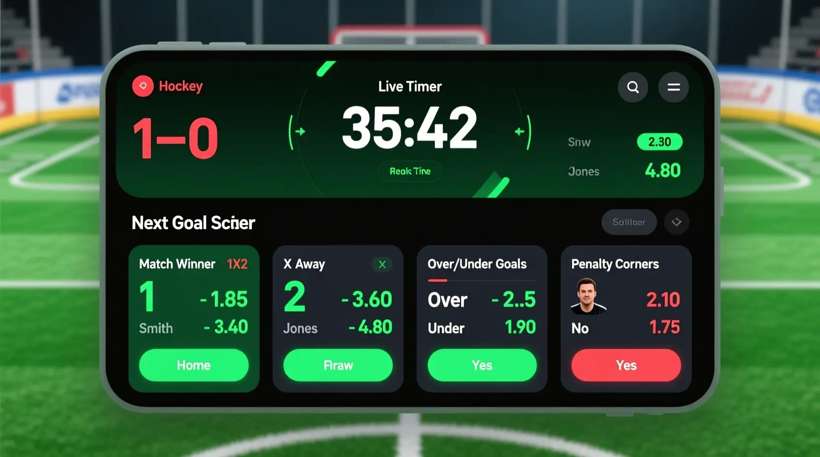 Live wedden markten interface voor hockey met 1X2, doelpunten en strafcorner opties