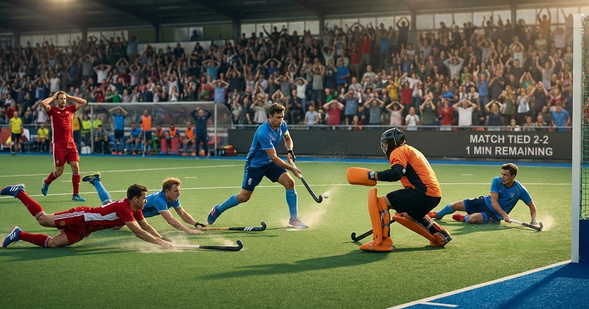 Spannend moment tijdens live hockeywedstrijd