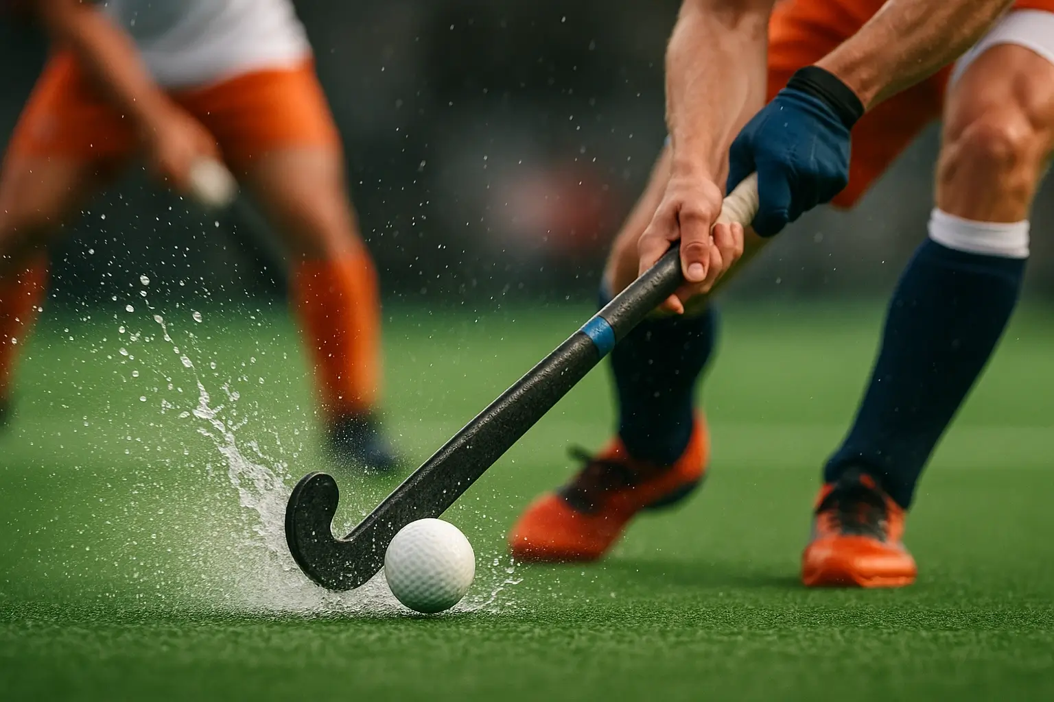 Moderne veldhockey actie 2024 met close-up van stick en bal op nat kunstgras