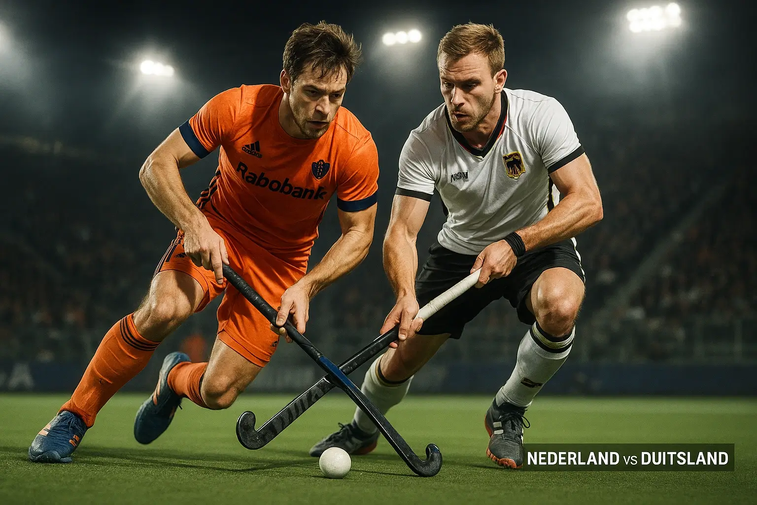 Nederland vs Duitsland hockey rivaliteit - spelers in actie tijdens intensief duel