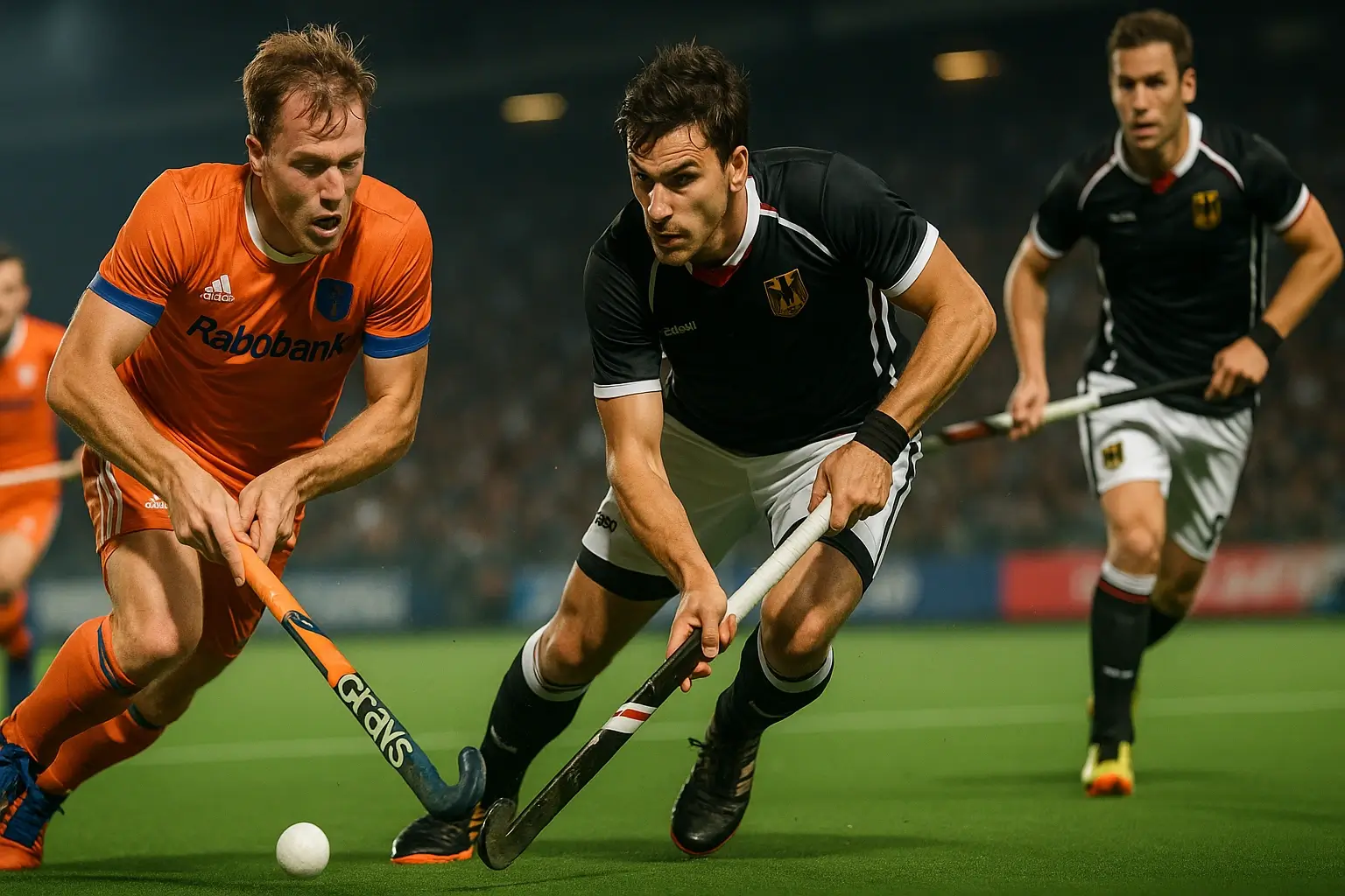 Spannende actie tijdens Nederland tegen Duitsland hockeywedstrijd met spelers in oranje en witte tenues