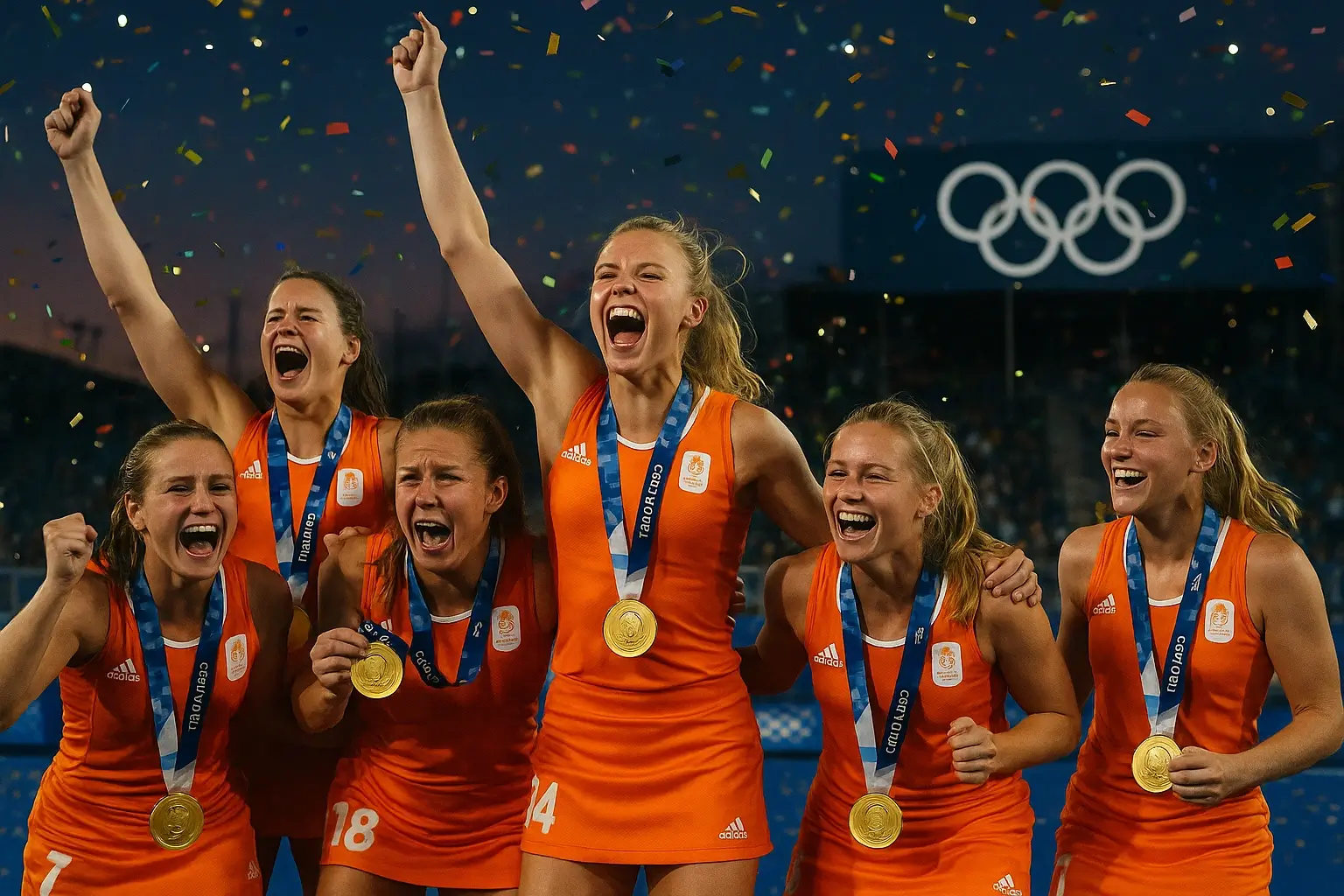 Nederlandse hockeyploeg viert olympisch goud met medailles en confetti in het stadion