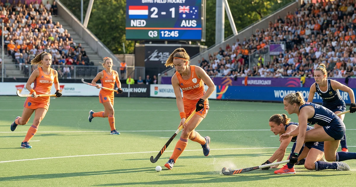 Nederlandse hockeyvrouwen in aanvallende actie