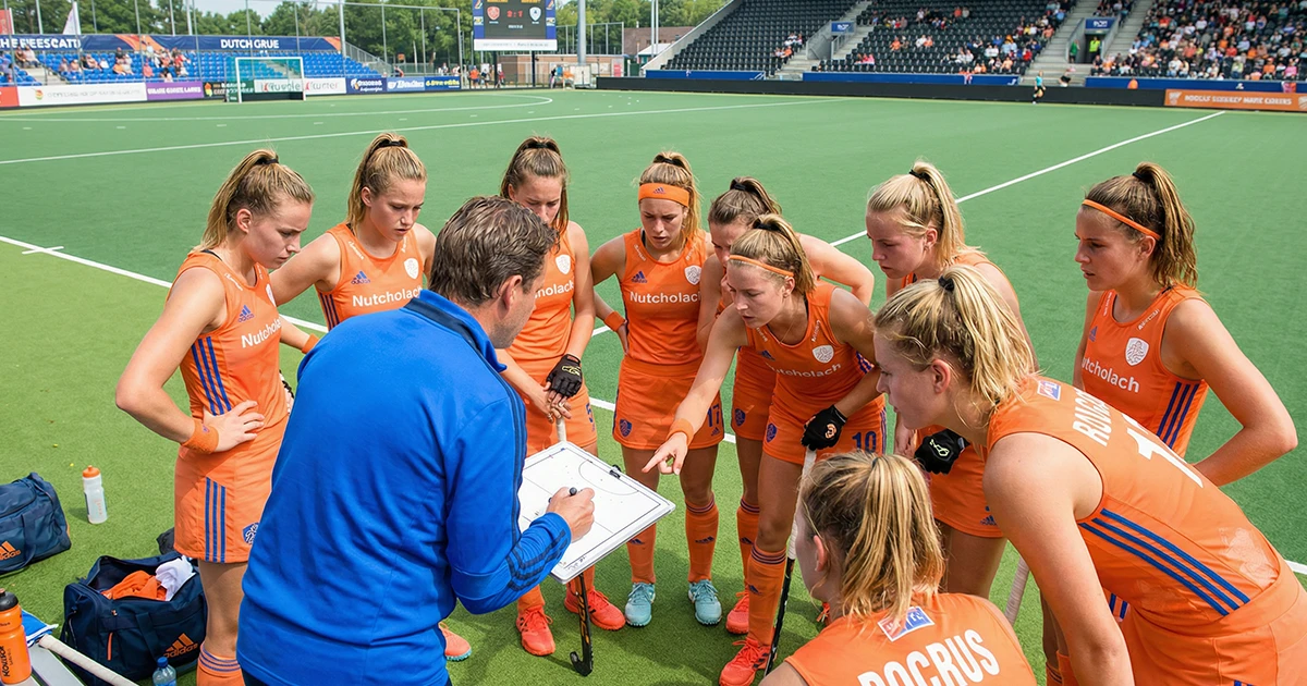 Nederlandse hockeyvrouwen in tactische bespreking