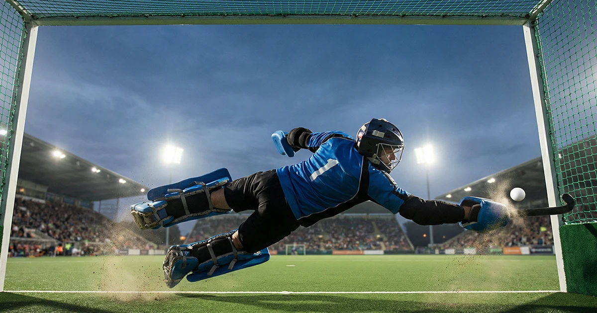 Nederlandse hockeykeeper in actie tijdens internationale wedstrijd