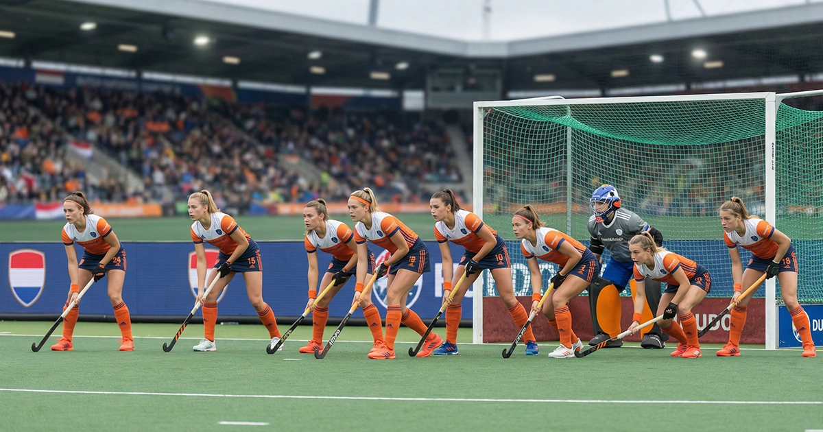 Nederlandse hockeyspelers in verdedigende formatie