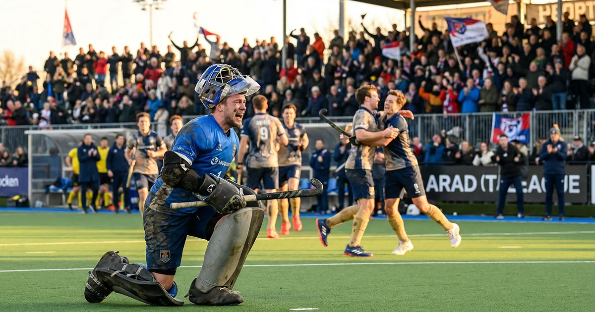 Hockeykeeper tijdens emotioneel moment na overwinning