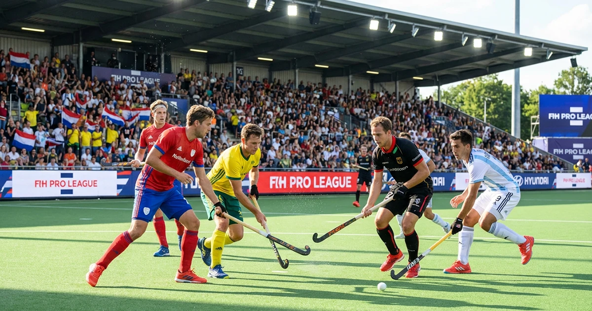 Veldhockeyteams in actie tijdens Pro League wedstrijd